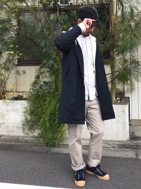 「L&HARMONY（エルアンドハーモニー）のアイテム（ステンカラーコート）」を使った、OGUさん（メンズ・173cm）の春コーディネート