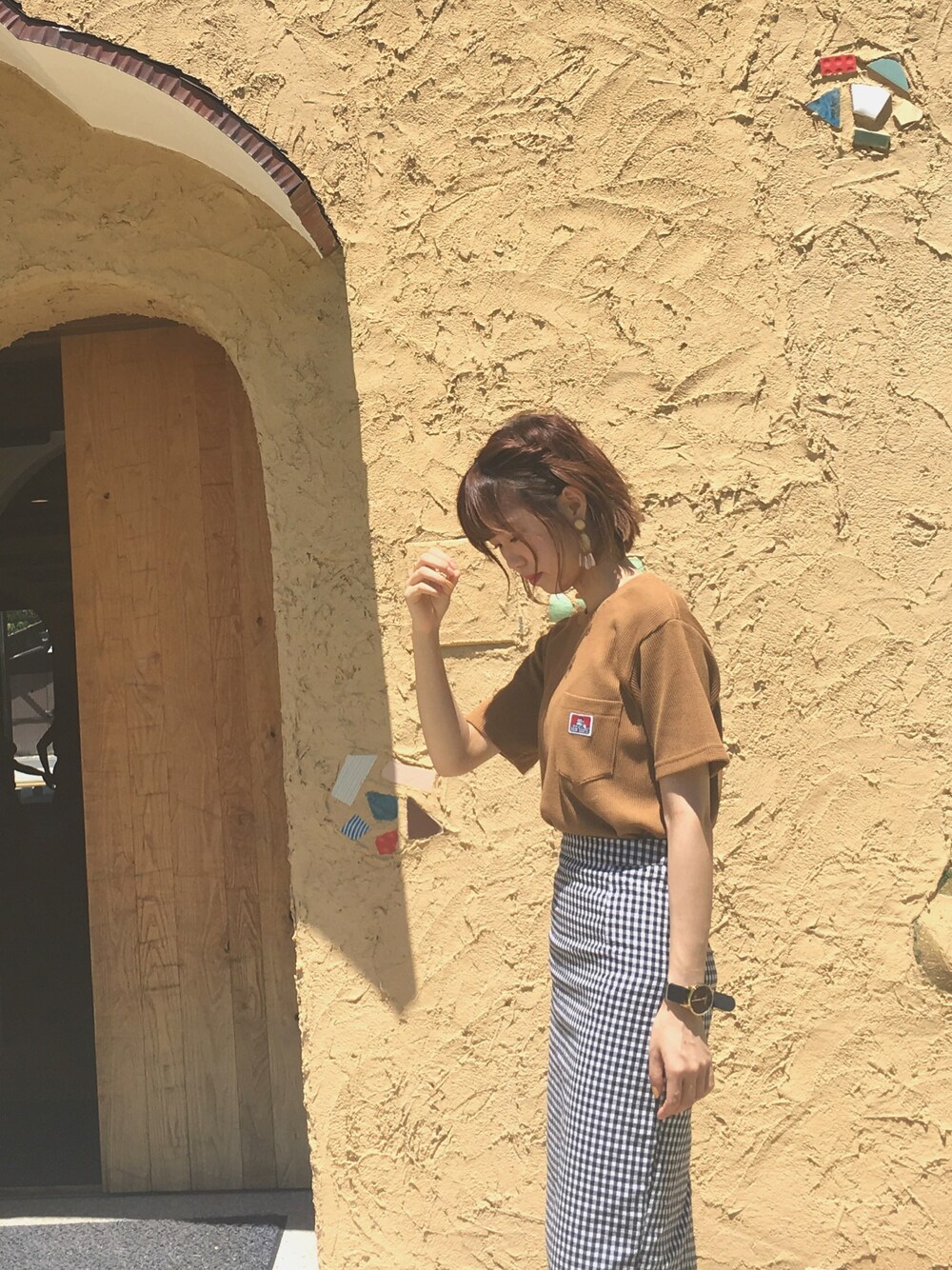 「シンプル、秋色、ハイウエスト」｜「Right-onのアイテム（Tシャツ/カットソー、ブラウン系）」を使った、♥︎ mayu ♥︎さん（レディース・158cm）の夏コーディネートの1枚目の写真