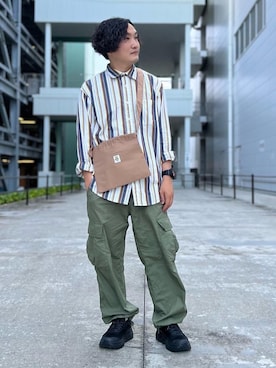 「coen（コーエン）のマイクロリップカーゴパンツ（カーゴパンツ、グリーン系）」を使った、coen   いけださん（メンズ・168cm）の夏コーディネート