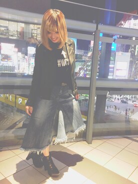「アシンメトリー」｜「アイテム（ライダースジャケット）」を使った、REINA Üさん（レディース・163cm）の冬コーディネート