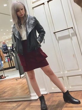 「バーガンディー」｜「アイテム（ライダースジャケット）」を使った、REINA Üさん（レディース・163cm）の冬コーディネート