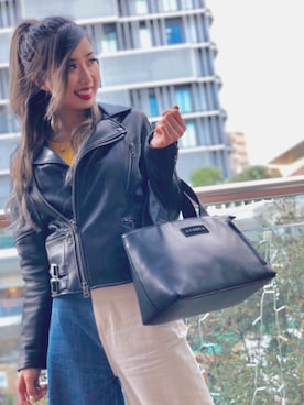 「バーガンディー」｜「アイテム（ライダースジャケット）」を使った、REINA Üさん（レディース・163cm）の冬コーディネート