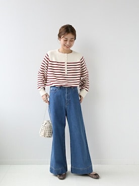 「ボーダーニット」｜「アイテム（バレエシューズ）」を使った、misatoさん（レディース・160cm）の夏コーディネート