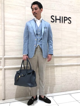 「アイテム（ベスト、ブルー系）」を使った、佐藤さん（メンズ・181cm）の春コーディネート
