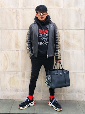 「BALENCIAGA」｜「アイテム（ライダースジャケット）」を使った、MARCELLO(マル)さん（メンズ・177cm）の冬コーディネート
