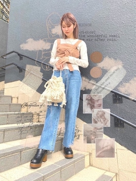 「WEGO（ウィゴー）のWEGO/マクラメ巾着ショルダーバッグ（ショルダーバッグ）」を使った、ヒビキさん（レディース・161cm）の春コーディネート