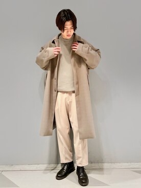 「JUNRED（ジュンレッド）のアイテム（ステンカラーコート）」を使った、SHUNSUKEさん（メンズ・184cm）の冬コーディネート