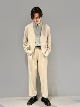 「JUNRED（ジュンレッド）のアイテム（ノーカラージャケット）」を使った、SHUNSUKEさん（メンズ・184cm）の冬コーディネート