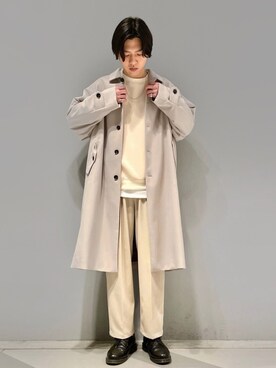 「JUNRED（ジュンレッド）のアイテム（ステンカラーコート）」を使った、SHUNSUKEさん（メンズ・184cm）の冬コーディネート