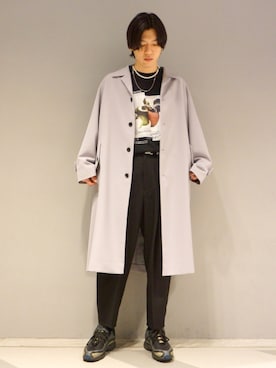「JUNRED（ジュンレッド）のアイテム（ステンカラーコート）」を使った、SHUNSUKEさん（メンズ・184cm）の春コーディネート