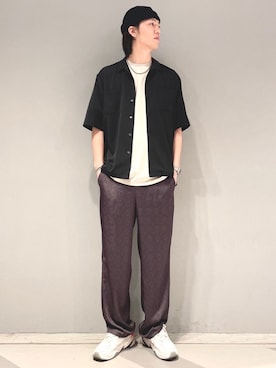 「JUNRED（ジュンレッド）のドレープオープンカラー　半袖シャツ（シャツ/ブラウス、ブラック系）」を使った、SHUNSUKEさん（メンズ・184cm）の春コーディネート