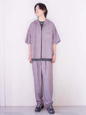 「JUNRED（ジュンレッド）のペイズリー柄S/Sシャツ（シャツ/ブラウス、ベージュ系）」を使った、SHUNSUKEさん（メンズ・184cm）の春コーディネート