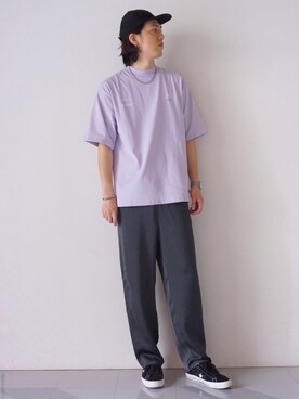「JUNRED（ジュンレッド）の【DOMDOM×KEN KAGAMIコラボ】モックネックTシャツ（Tシャツ/カットソー、パープル系）」を使った、SHUNSUKEさん（メンズ・184cm）の夏コーディネート