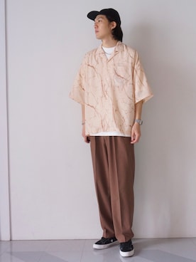 「JUNRED（ジュンレッド）のマーブルパターンルーズシャツ（シャツ/ブラウス、グレー系）」を使った、SHUNSUKEさん（メンズ・184cm）の春コーディネート