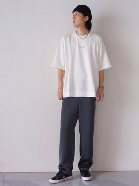 「JUNRED（ジュンレッド）の2ポイントショートスリーブワイドPO（Tシャツ/カットソー、ホワイト系）」を使った、SHUNSUKEさん（メンズ・184cm）の春コーディネート