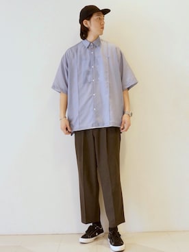 「JUNRED（ジュンレッド）のルーズシルエット/ピンタックシアーシャツ（シャツ/ブラウス、ブルー系）」を使った、SHUNSUKEさん（メンズ・184cm）の夏コーディネート
