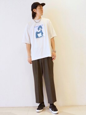 「JUNRED（ジュンレッド）のレトロプリントTEE（Tシャツ/カットソー、ホワイト系）」を使った、SHUNSUKEさん（メンズ・184cm）の夏コーディネート