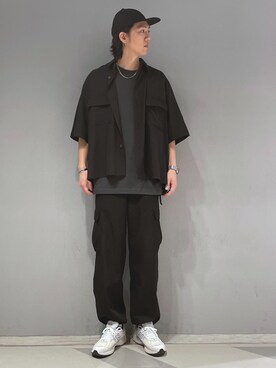 「JUNRED（ジュンレッド）の【エアドライ】モンスタービッグシャツ/セットアップ対応（シャツ/ブラウス、ブラック系）」を使った、SHUNSUKEさん（メンズ・184cm）の夏コーディネート