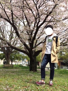 「SHIPS（シップス）のアイテム（ステンカラーコート）」を使った、まっちゃさん（メンズ・175cm）の春コーディネート