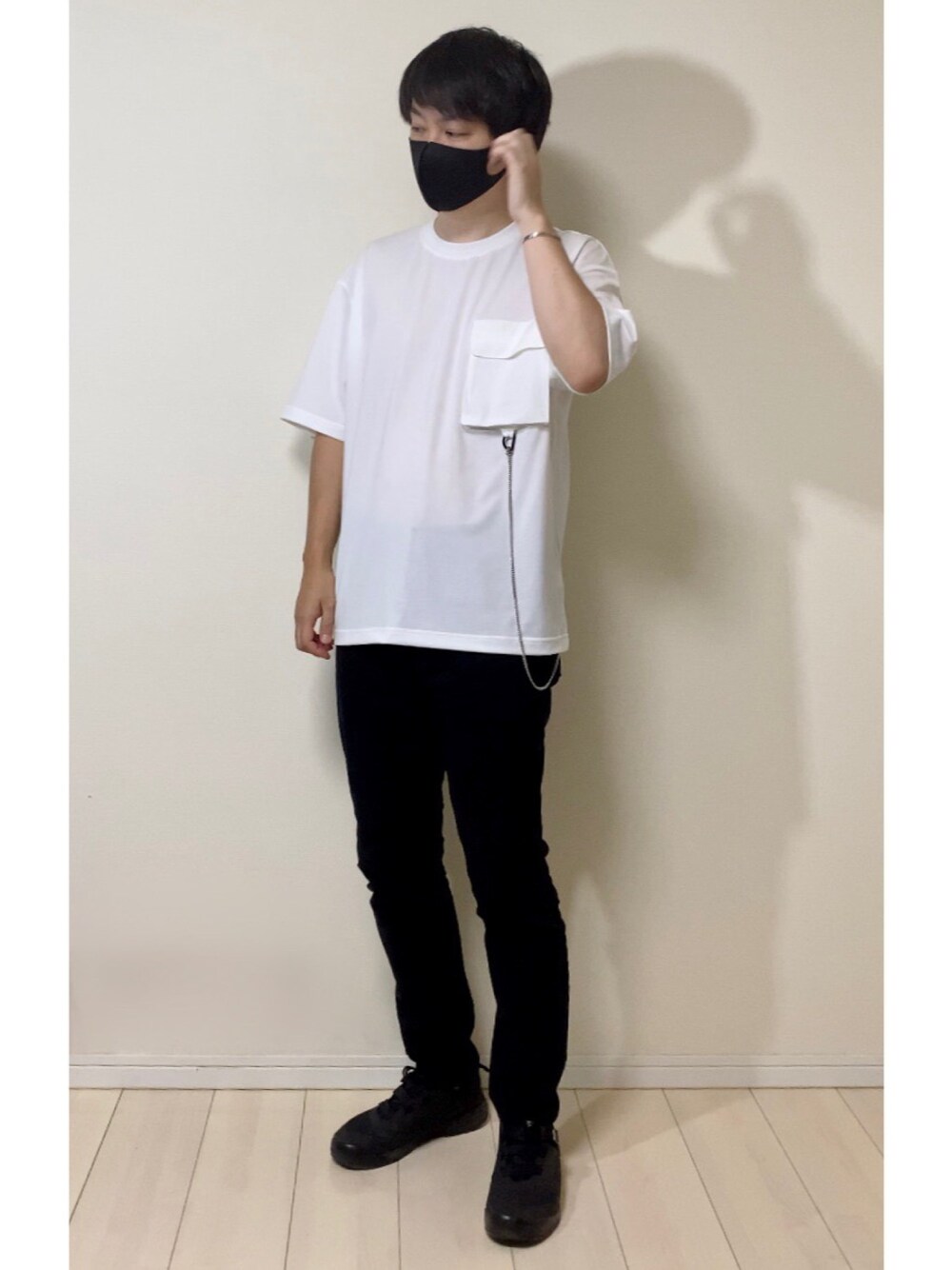 「H&M、モノトーン、ARC'TERYX、GU、スキニーデニム、シンプルコーデ、韓国ファッション、おしゃれさんと繋がりたい、INTERFACTORY、mysaliina」｜「Mysa&Liinaの繰り返し洗えるウォッシャブルマスク/GUARD MASK（3セット 1パック）（その他ボディ・ヘアケア、ブラック系）」を使った、スピさん（メンズ・175cm）の夏コーディネートの1枚目の写真