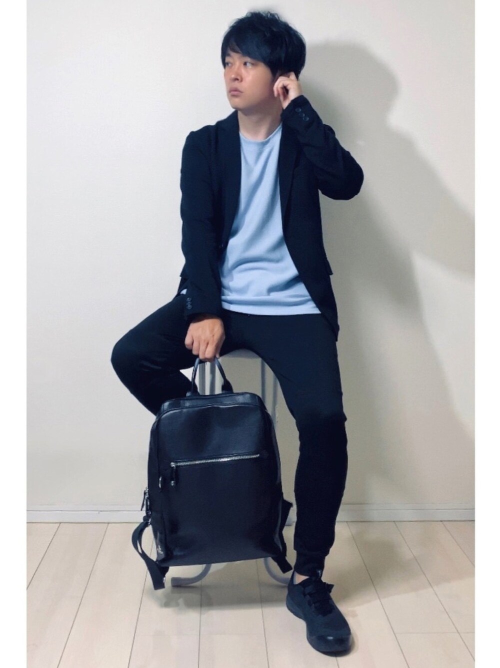 「セットアップ、リュック、秋のコーデ、ZARA、ARC'TERYX、Vivienne Westwood、nano・universe、きれいめカジュアル、お洒落さんとつながりたい、minsobi」｜「NANO universeのダメリーノ　ツイルカットジャケット  BLACK  Mサイズ（テーラードジャケット、ブラック系）」を使った、スピさん（メンズ・175cm）の夏コーディネートの1枚目の写真