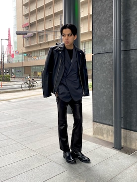 「ダブルジャケット」｜「アイテム（ライダースジャケット）」を使った、竹内 孜介さん（メンズ・172cm）の秋コーディネート