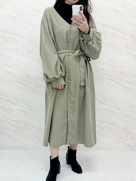「リブニット」｜「アイテム（シャツワンピース）」を使った、神戸レタスさん（レディース・164cm）の冬コーディネート