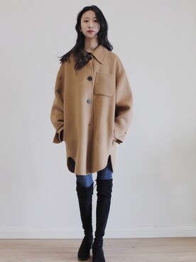 「日常」｜「アイテム（ピーコート）」を使った、梨酥酥了さん（レディース・166cm）の春コーディネート
