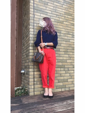 「ネイビー×ピンク」｜「アイテム（パンツ）」を使った、まるさん（レディース・151cm）の秋コーディネート