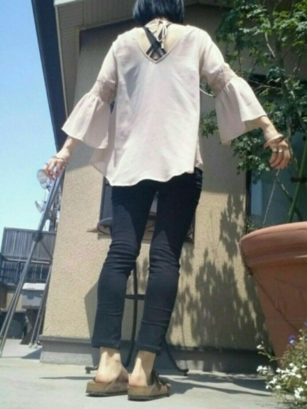 「古着」｜「GUの（GU）スキニーパンツ（レングス７８ｃｍ）（パンツ、ブラック系）」を使った、ぽんずさん（レディース・159cm）の夏コーディネートの1枚目の写真