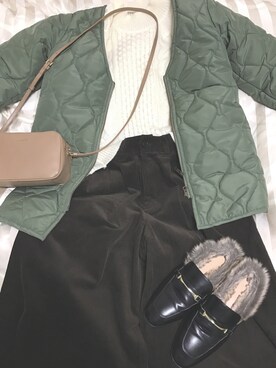 「バブーシュ」｜「アイテム（ノーカラージャケット）」を使った、かつぉさん（レディース・156cm）の冬コーディネート