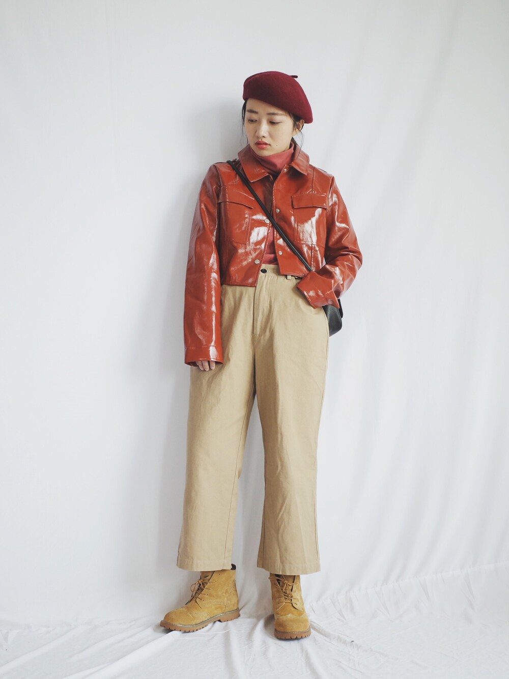 「jacket 」｜「blue blushのアイテム（ライダースジャケット、オレンジ系）」を使った、王家六六さん（レディース・162cm）の秋コーディネートの1枚目の写真