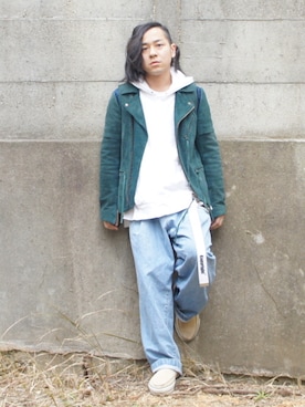 「オシャレパッソ」｜「アイテム（ライダースジャケット）」を使った、でかおさん（メンズ・164cm）の秋コーディネート