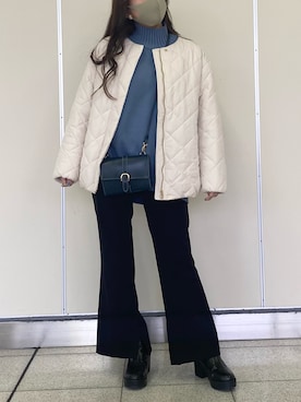 「ブルー x ホワイト」｜「アイテム（ノーカラージャケット）」を使った、ririwear226さん（レディース・158cm）の冬コーディネート