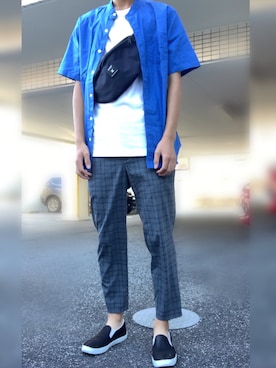 「チェック柄に恋してる」｜「アイテム（スリッポン）」を使った、しょーゆさん（メンズ・177cm）の秋コーディネート