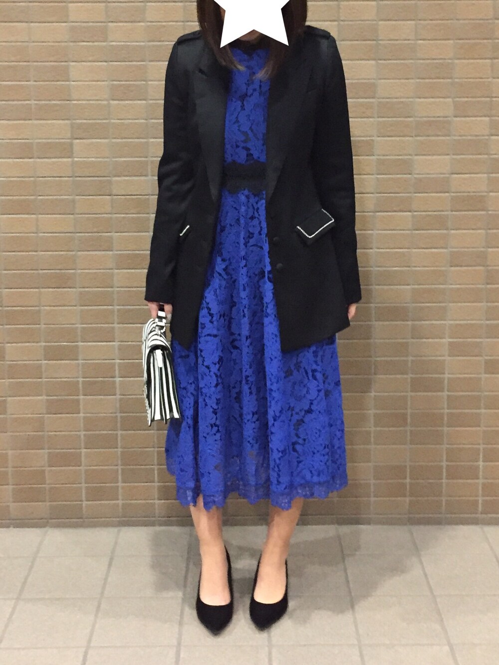 「結婚式、レース、ワンピース、青」｜「SPIRALGIRLのアイテム（テーラードジャケット、ブラック系）」を使った、yu-yuさん（レディース・156cm）の秋コーディネートの1枚目の写真