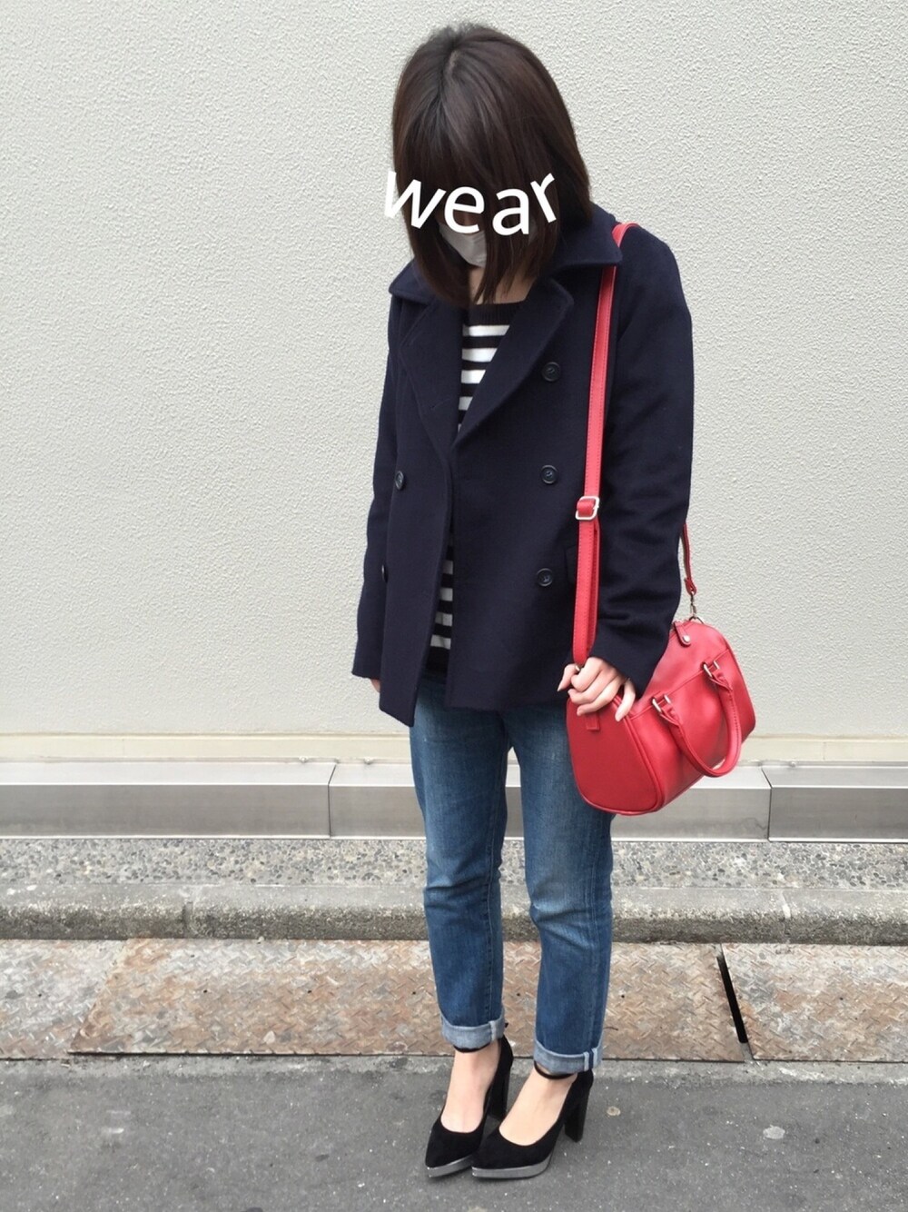 「コート、ボーダー、デニム、パンプス、rich、moussy、SLY」｜「rich-のPコート（ピーコート、ブルー系）」を使った、yu-yuさん（レディース・155cm）の冬コーディネートの1枚目の写真