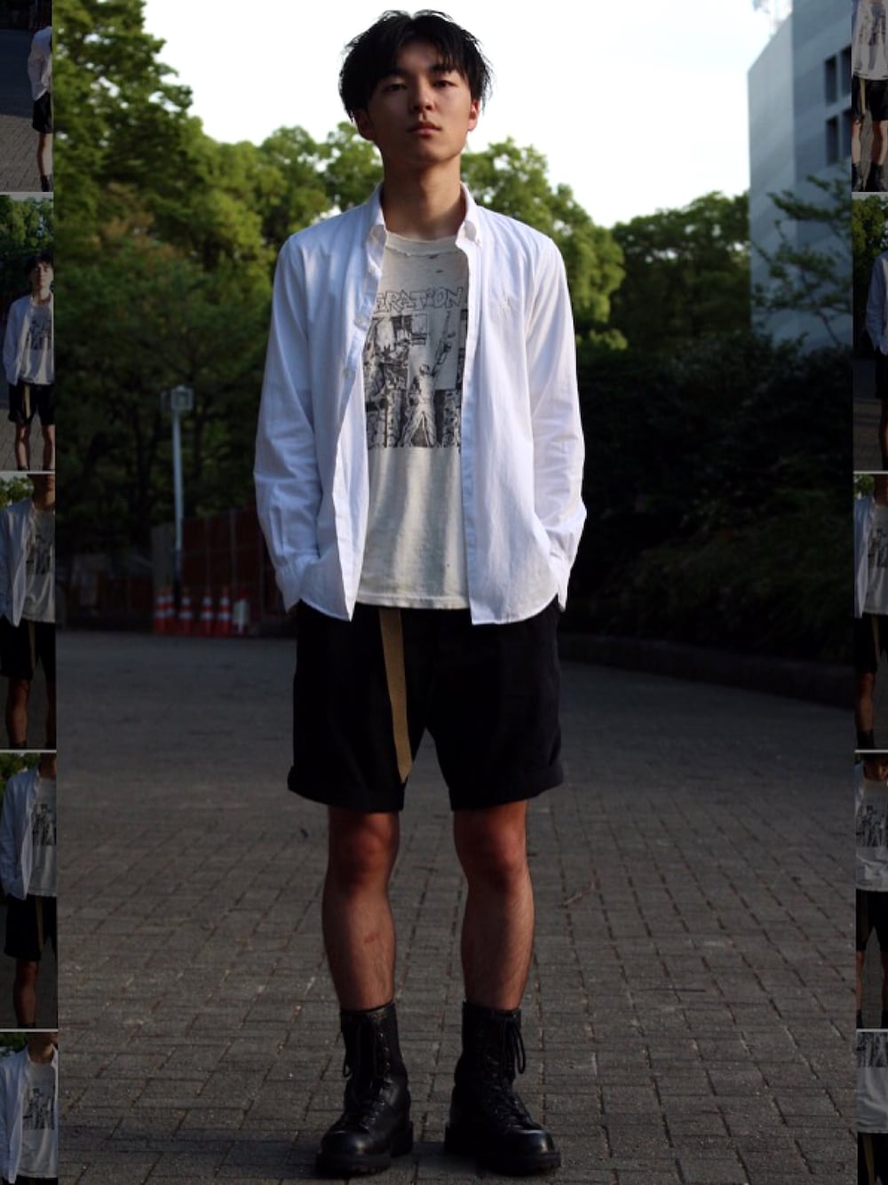 「襤褸、TEE、Tシャツ、夏コーデ、白シャツ、ブーツ、古着、古着MIX、大学生、一眼レフ」｜「FRED PERRYのOxford Shirt（シャツ/ブラウス、ホワイト系）」を使った、しぶきさん（メンズ・171cm）の夏コーディネートの1枚目の写真