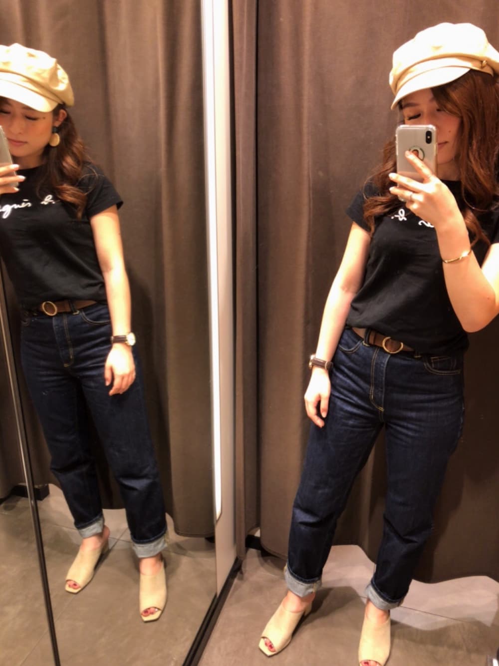 「カジュアル、カジュアルコーデ、キャスケット、アニエス・ベー、agnes b.、Heather、GU、夏コーデ」｜「agnes b.のS137 TS（Tシャツ/カットソー、ブラック系）」を使った、uさん（レディース・157cm）の秋コーディネートの1枚目の写真