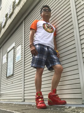 「Abercrombie&Fitch（アバークロンビーアンドフィッチ）のアイテム（チノパンツ）」を使った、Shinji Tsuruさん（メンズ・173cm）の夏コーディネート