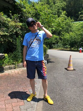 「SuperDry（スーパードライ）のアイテム（カーゴパンツ）」を使った、Shinji Tsuruさん（メンズ・173cm）の夏コーディネート