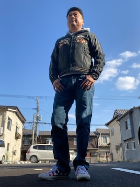 「鬼デニム（オニデニム）のアイテム」を使った、Shinji Tsuruさん（メンズ・173cm）の冬コーディネート