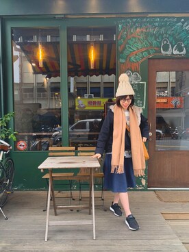 「GLOBAL WORK（グローバルワーク）の【洗える】ムジＢＩＧストール/728544（マフラー、ブラウン系）」を使った、Gさん（レディース・158cm）の冬コーディネート