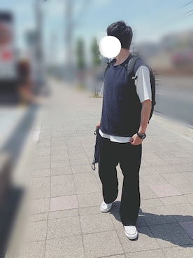 「アイテム（ベスト、ブルー系）」を使った、suUuさん（メンズ・180cm）の春コーディネート