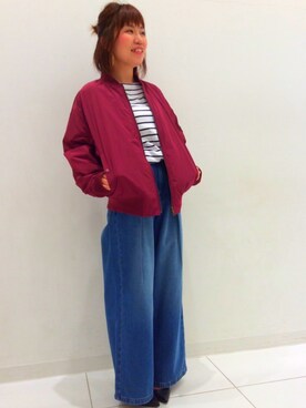 「GU（ジーユー）のアイテム（ブルゾン、レッド系）」を使った、ayapanさん（レディース・153cm）の冬コーディネート