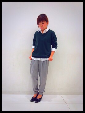 「GU（ジーユー）のアイテム（その他パンツ、グレー系）」を使った、ayapanさん（レディース・153cm）の冬コーディネート