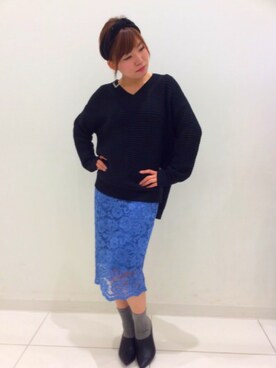 「GU（ジーユー）のアイテム（ニット/セーター、ブラック系）」を使った、ayapanさん（レディース・153cm）の秋コーディネート