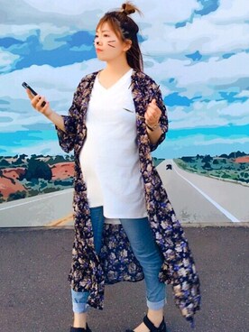 「GU（ジーユー）のアイテム（その他アウター、ブルー系）」を使った、ayapanさん（レディース・153cm）の秋コーディネート