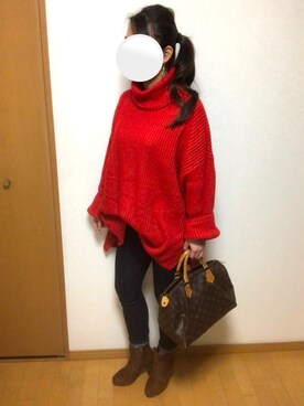 「H&M（エイチ・アンド・エム）のアイテム（ニット/セーター、レッド系）」を使った、HIROさん（レディース・161cm）の冬コーディネート