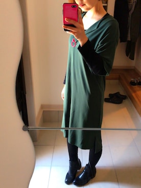 「GU（ジーユー）のアイテム（ワンピース、グリーン系）」を使った、m.aum716さん（レディース・159cm）の春コーディネート